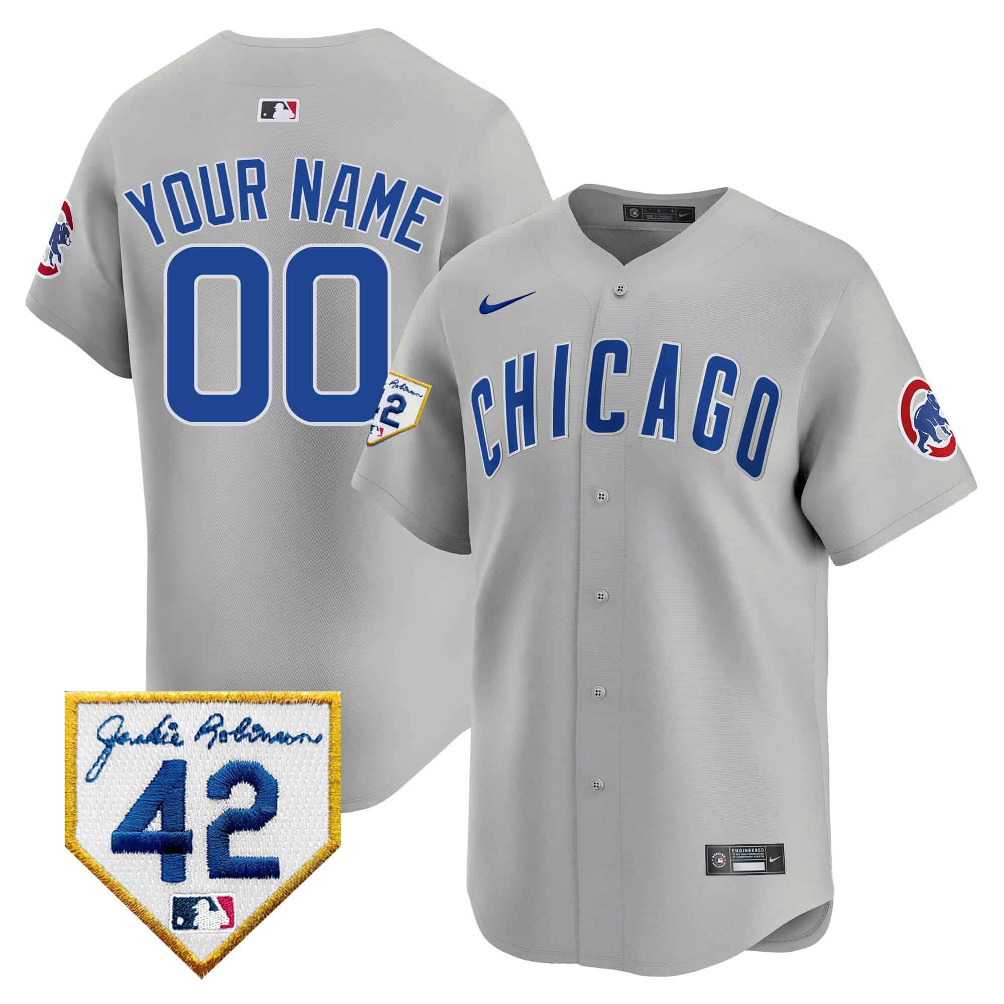 Men Chicago Cubs Grey Nike 2024 Jackie Robinson Patch Vapor Premier Limited Custom MLB Jersey->->